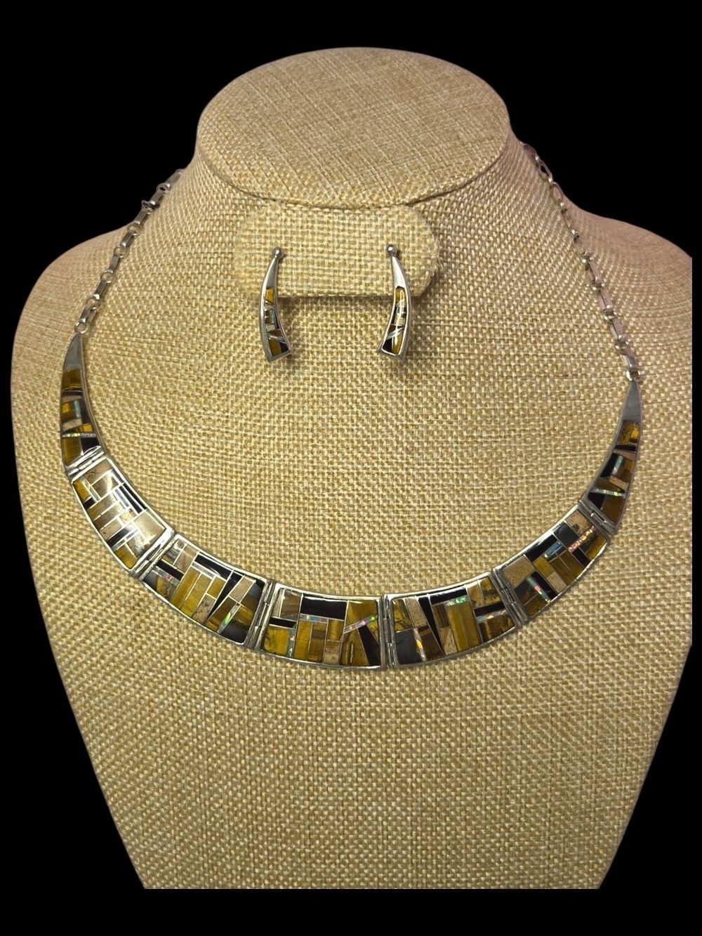 Navajo RB Sterling Silver Multi Stone Inlay Collar Necklace Earring Set